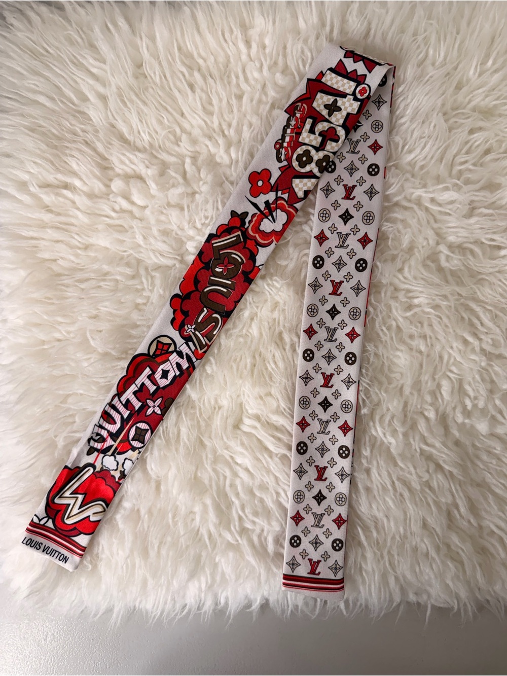 Red & White Graphic Silk Bandeau Scarf